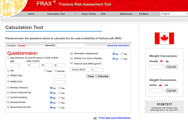 screengrab of the FRAX Canadian tool page